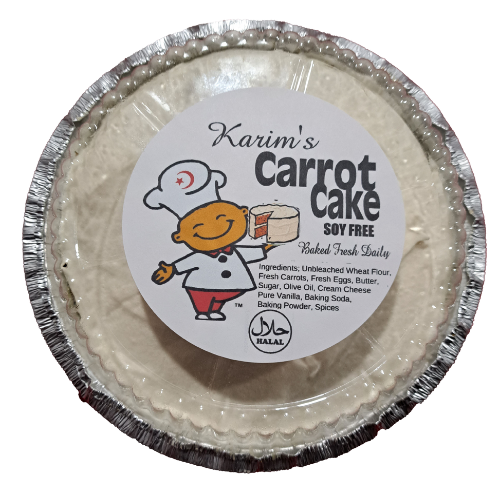 Carrot cake in a foil pan with a 'Karim's Carrot Cake' label on a white background